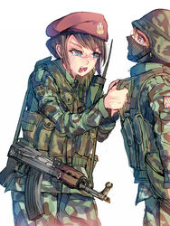  2girls ammunition_pouch angry assault_rifle balaclava beret bird black_trim blonde_hair blue_eyes brown_hair buckle buttons camouflage camouflage_headwear camouflage_pants chin_strap clothes_grab combat_helmet commentary cowboy_shot cross crying crying_with_eyes_open daito eagle folding_stock green_headwear green_jacket green_pants gun gun_sling hat hat_ornament helmet heraldry jacket kalashnikov_rifle load_bearing_vest long_sleeves looking_at_another looking_up mask military_jacket military_operator mouth_mask multiple_girls open_mouth original pants patch pocket pouch radio radio_antenna red_headwear rifle serbia short_hair shoulder_patch simple_background snap-fit_buckle tears teeth two-headed_eagle weapon white_background zastava_m70 