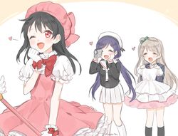  3girls ;d alternate_hairstyle bad_id bad_twitter_id black_hair brown_hair camcorder cardcaptor_sakura cosplay daidouji_tomoyo daidouji_tomoyo_(cosplay) fuuin_no_tsue gloves hair_down hat kinomoto_sakura kinomoto_sakura_(cosplay) kinomoto_sakura_(magic_dream_costume) long_hair love_live! love_live!_school_idol_project low_twintails magical_girl marin_(myuy_3) minami_kotori multiple_girls one_eye_closed one_side_up open_mouth pink_hat purple_hair red_eyes school_uniform short_hair smile tojo_nozomi tomoeda_elementary_school_uniform twintails video_camera wand yazawa_nico 