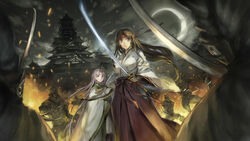  2girl 2girls absurdres black_hair breasts epic hairband highres japanese_clothes katana kimono large_breasts long_hair multiple_girls ninja official_art queen&#039;s_blade sword tomoe weapon 