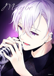  1boy black_shirt commentary_request earrings hazuki_natsu holding holding_microphone idolish7 jewelry linked_piercing male_focus microphone music open_mouth osaka_sougo piercing portrait purple_background purple_eyes shirt singing solo song_name twitter_username white_hair 