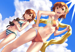  2girls animal armpits ass_visible_through_thighs bikini black_cat blue_sky blush breasts brown_eyes brown_hair cloud commentary_request day dutch_angle eyebrows feline groin hand_on_own_hip holding holding_animal holding_cat legs_apart lens_flare looking_at_another looking_to_the_side medium_hair misaka_imouto misaka_imouto_10032 misaka_imouto_10032&#039;s_cat misaka_mikoto multiple_girls navel open_mouth outdoors raika9 red_bikini siblings sisters sky small_breasts smile standing stomach striped_bikini striped_clothes summer sun swimsuit toaru_kagaku_no_railgun toaru_majutsu_no_index 