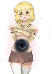  :d black_hole blonde_hair blush braid breasts clothes_lift commentary_request cowboy_hat female glasses hat hayama_teru long_hair looking_at_viewer medium_breasts misumi_(niku-kyu) open_mouth petals pleated_skirt sansha_san&#039;you school_uniform serafuku shirt_lift skirt smile solo thighhighs too_literal twin_braids underboob white_thighhighs yellow_eyes zettai_ryouiki 