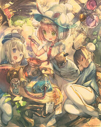  3girls ahoge alchemy animal_hat birdcage blonde_hair blue_eyes book brown_hair bun_cover cage commentary_request fig_(happy_elements) flask gift_(majoca_majoluna) green_eyes hair_bun hat highres hourglass long_hair majoca_majoluna majoko_(majoca_majoluna) mittens multiple_girls necktie oerba_yun_fang open_book open_mouth photoshop_(medium) pot rabbit_hat round-bottom_flask short_hair single_hair_bun sitting vial watermark white_legwear whoopin yawning 