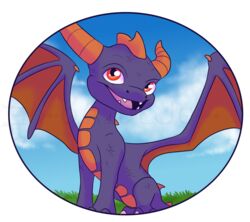  activision alpha_channel cloud dragon feral grass mythological_creature mythological_scalie mythology oazuljo plant red_eyes scalie sky skylanders_academy smile solo spyro spyro_the_dragon teeth tongue wings 