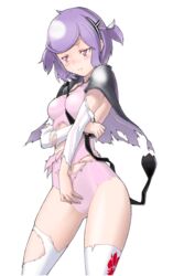  arm_warmers breasts caladrius cape cecilia_nel_albright female leotard official_art pink_eyes pink_leotard purple_hair short_hair simple_background skin_tight small_breasts solo strap_cleavage thighhighs thighs torn_cape torn_clothes torn_leotard torn_thighhighs yasuda_suzuhito 