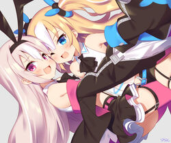  2girls :d azur_lane bad_id bad_pixiv_id bare_shoulders black_bow black_bowtie black_skirt blonde_hair blue_background blue_eyes bow bowtie commentary_request detached_sleeves dutch_angle from_side garter_straps hairband hairbow hobby_(azur_lane) hug kalk_(azur_lane) long_sleeves looking_at_viewer looking_to_the_side multiple_girls oerba_yun_fang one_eye_closed open_mouth pink_hair pink_thighhighs purple_eyes signature simple_background skirt smile supershiruco thighhighs two_side_up 