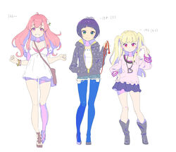  3girls adjusting_hair araki_rena bag blonde_hair blue_legwear blunt_bangs blush boots bracelet breasts casual commentary_request cutoffs dress enkyo_yuuichirou flower green_eyes hair_flower hair_ornament hand_in_pocket hand_on_own_hip handbag highres hood hoodie jacket jewelry long_hair looking_at_viewer medium_breasts multiple_girls necklace nishizono_honoka pantyhose pantyhose_under_shorts pink_eyes pink_hair polka_dot polka_dot_hoodie purple_hair red_eyes short_hair shorts skirt small_breasts smile tokyo_7th_sisters twintails two_side_up uesugi_u._kyouko 