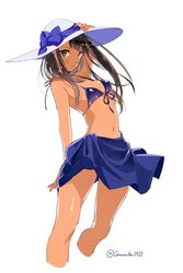  absurdres bad_id bad_pixiv_id bikini bikini_top_only brown_hair female fuyuno_kamome green_eyes hat highres idolmaster idolmaster_cinderella_girls long_hair sarong shibuya_rin simple_background solo sun_hat swimsuit 