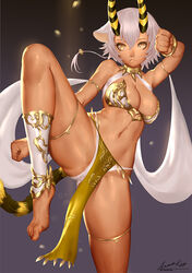  animal_ears arched_soles ariverkao armlet barefoot belphegor_(the_seven_deadly_sins) bikini bracelet breasts cleavage closed_mouth commentary dark-skinned_female dark_skin demon_girl english_commentary female gold_trim gradient_background hair_between_eyes horns jewelry large_breasts leg_up mixed-language_commentary navel pelvic_curtain shin_guards short_hair signature solo standing standing_on_one_leg swimsuit tail the_seven_deadly_sins thighlet toe_scrunch white_hair yellow_eyes 