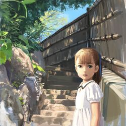  blue_ribbon blue_sky blunt_bangs brown_hair day dress female fence grass grey_eyes hair_ribbon highres looking_at_viewer original outdoors ribbon rock second-party_source short_sleeves sky solo stairs standing white_dress yoshinari_kou 