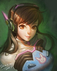  animal_print armor artist_name blue_bodysuit bodysuit breasts brown_eyes brown_hair closed_mouth commentary d.va_(overwatch) dated english_commentary eyelashes facepaint facial_mark female headphones highres large_breasts long_hair looking_at_viewer nose overwatch overwatch_1 pauldrons pilot_suit pink_lips rabbit_print ribbed_bodysuit shoulder_armor shoulder_pads signature skin_tight smile solo sommimi turtleneck upper_body whisker_markings 