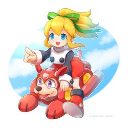  :d animal bad_id bad_pixiv_id blonde_hair blue_eyes bow canine cloud commentary_request dress female flying full_body green_bow green_ribbons hair_between_eyes hair_ornament hair_ribbon happy high_ponytail lolicon long_hair long_sleeves mega_man_(classic) mega_man_(series) mega_man_8 non-humanoid_robot open_mouth partial_commentary pointing pointing_forward ponytail purple_eyes red_dress red_footwear ribbon riding robot robot_animal roll_(mega_man) rush_(mega_man) shoes sidelocks sky smile teeth togeshiro_azami upper_teeth_only 