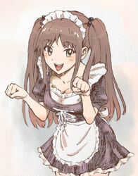  :d apron breasts brown_hair cleavage commentary_request female frills green_eyes hair_bobbles hair_ornament kyouka_asuka looking_at_viewer maid maid_headdress medium_breasts okamoto_miyu open_mouth smile solo twintails waist_apron wake_up_girls! 