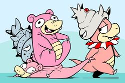  3:2 ambiguous_gender anthro biped blue_background derp_eyes evolutionary_family feral generation_1_pokemon generation_2_pokemon group hi_res humor marine nintendo pokemon pokemon_(species) quadruped shellder shellder_(slowbro) shellder_(slowking) simple_background slowbro slowking slowpoke smile tail tail_grab zerochan923600 