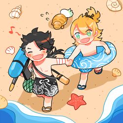  2boys bandages beach black_hair blush closed_eyes commentary_request eighth_note getiao green_eyes holding_hands kamekichi long_hair lowres male_focus multiple_boys musical_note mutsu-no-kami_yoshiyuki oerba_yun_fang open_mouth orange_hair running sand sandals seashell shell spoken_musical_note starfish topless_male touken_ranbu turtle urashima_kotetsu water 