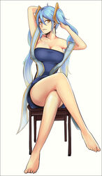  barefoot blue_hair breasts brown_eyes feet female large_breasts league_of_legends long_hair solo sona_buvelle twintails 