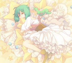  9rmm ahoge ai-kun alien ankle_boots boots commentary_request dress female green_hair half-closed_eyes hugging_object looking_at_viewer lying macross macross_frontier on_side orange_eyes ranka_lee short_hair smile star_(symbol) white_dress 