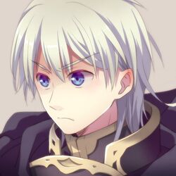  1boy armor blue_eyes brown_background cape if_oki male_focus portrait protected_link simple_background solo tear_ring_saga vestaria_saga white_hair zaid_(tear_ring_saga) 