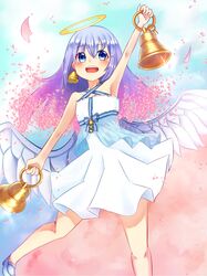  :d angel angel_wings arm_up bad_id bad_pixiv_id bare_shoulders bell bell_earrings bellringer_angel blue_eyes blue_footwear blue_hair blue_sky blush cherry_blossoms day dress earrings female glint hair_ornament hairclip halo halterneck hidaka_mari highres holding holding_bell jewelry long_hair looking_at_viewer open_mouth outdoors petals shadowverse shoes sky smile solo white_dress wings 