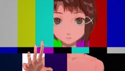  asymmetrical_hair bad_id bad_twitter_id brown_eyes brown_hair chromatic_aberration expressionless female glitch hair_ornament iwakura_lain kotatiyu looking_at_viewer outstretched_hand portrait serial_experiments_lain short_hair solo test_card x_hair_ornament 