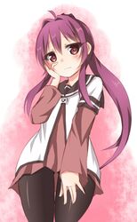  ahoge black_pantyhose commentary_request female hair_intakes hand_on_own_cheek hand_on_own_face kou89 nanamori_school_uniform pantyhose ponytail purple_eyes purple_hair school_uniform serafuku solo sugiura_ayano yuru_yuri 