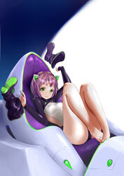  animal_ears bare_legs barefoot boots cat_ears commentary_request fake_animal_ears female highres leotard lying original purple_hair shoes short_hair smile solo tera_(teraura) unworn_shoes yellow_eyes 