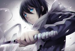  black_hair blue_eyes gradient gradient_background hair_between_eyes highres noragami scarf solo sword upper_body weapon yato_(noragami) 