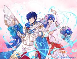  1boy bare_shoulders blue_eyes blue_hair bouquet bridal_veil bride caeda_(bridal)_(fire_emblem) caeda_(fire_emblem) commentary_request couple dress elbow_gloves female fire_emblem fire_emblem:_mystery_of_the_emblem fire_emblem_heroes flamingo_(eme324) flower formal gloves groom highres husband_and_wife jewelry long_hair marth_(fire_emblem) marth_(groom)_(fire_emblem) necklace open_mouth pegasus_knight_uniform_(fire_emblem) smile straight strapless suit tiara tuxedo veil weapon wedding wedding_dress white_dress white_flower white_gloves 