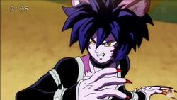  animal_ears black_choker black_clothes cat_ears claws crop_top dragon_ball dragon_ball_super female female furry highres hop_(dragon_ball) long_sleeves monster_girl purple_hair purple_skin screencap short_hair smile solo spiked_hair spikes yellow_eyes 