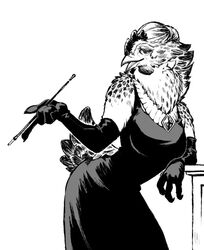  2019 anthro armwear avian beak beckoning bird breasts chicken cigarette_holder claws clothing cocktail_dress dress elbow_gloves era_(artist) eyelashes feathers female galliform gallus_(genus) gesture gloves half-closed_eyes handwear jewelry leaning looking_at_viewer monochrome narrowed_eyes neck_tuft necklace non-mammal_breasts open_mouth phasianid simple_background smile solo tuft white_background wide_hips 