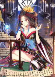  absurdres bad_id bad_pixiv_id black_hair breasts candle chin_rest cleavage collarbone facial_mark flower full_body hair_flower hair_ornament highres holding indoors japanese_clothes long_hair looking_at_viewer luoxuan_jingjie_xian magatama maya_g medium_breasts nail_polish parted_lips red_eyes red_nails sitting smoke socks solo tattoo very_long_hair white_legwear yellow_flower 