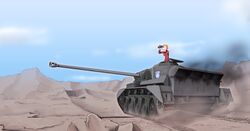  binoculars blue_eyes caterpillar_tracks churchill_(tank) cloud comet_(tank) commentary_request desert emblem female girls_und_panzer highres matilda_(tank) military military_vehicle motor_vehicle orange_hair orange_pekoe_(girls_und_panzer) outdoors rock sky smoke st._gloriana&#039;s_(emblem) st._gloriana&#039;s_military_uniform tank yuki-otoko 