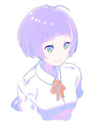  araki_rena blunt_bangs blush collared_shirt commentary_request enkyo_yuuichirou female green_eyes light_purple_hair purple_hair school_uniform shirt short_hair simple_background smile solo tokyo_7th_sisters upper_body white_background white_shirt 