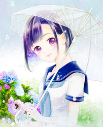  aoi_mitsu black_hair commentary_request day female flower gradient_hair head_tilt hydrangea leaf lips looking_at_viewer multicolored_hair original outdoors photoshop_(medium) purple_eyes purple_hair rain sailor_collar school_uniform serafuku short_hair short_sleeves smile solo transparent transparent_umbrella umbrella upper_body water_drop 