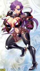  armor breasts female gradient gradient_background heterochromia huge_breasts omc purple_hair solo 