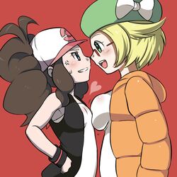  2girls asymmetrical_docking baseball_cap bianca_(pokemon) blonde_hair breast_contest breast_press breasts brown_hair commentary_request eye_contact face-to-face glasses green_eyes hat hilda_(pokemon) long_hair looking_at_another medium_breasts multiple_girls pokemon pokemon_bw pokemon_bw2 refuto short_hair small_breasts smile 