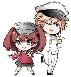  1boy admiral_(kancolle) admiral_arisugawa bad_id bad_twitter_id blonde_hair blue_eyes brown_eyes brown_hair chibi female girly_boy hat kantai_collection lowres military military_hat military_uniform nagomi_(mokatitk) ryuujou_(kancolle) twintails uniform 