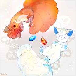  :o alolan_vulpix atsumi_jun closed_eyes commentary_request evolutionary_stone fire_stone ice_stone looking_at_another multiple_tails no_humans open_mouth pokemon pokemon_(creature) red_eyes rotational_symmetry tail vulpix 