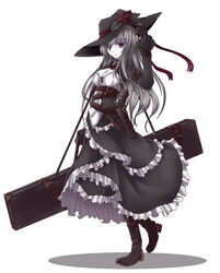  belt black_dress black_footwear black_gloves black_hat boots breasts cleavage commentary_request corset dress female flower frilled_dress frills gloves grey_hair gun handgun hat hat_flower hat_ribbon hisui_(syarute) holster long_hair looking_at_viewer medium_breasts nagai_gojitsudan_no_nechronica photoshop_(medium) red_eyes ribbon simple_background solo very_long_hair weapon white_background 