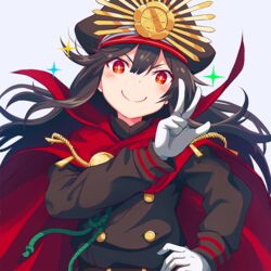  black_hair black_hat blush closed_mouth commentary_request fate/grand_order fate_(series) female gloves hat long_hair long_sleeves looking_at_viewer oda_nobunaga_(fate) oda_nobunaga_(koha-ace) red_eyes shishikai smile solo upper_body v white_gloves 