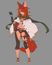  animal_ears belt black_panties cape closed_mouth contrapposto criss-cross_halter female fox_ears fox_tail full_body green_scarf grey_background hair_over_one_eye halterneck hand_up highres knee_pads looking_at_viewer nagisa_kurousagi navel one_eye_covered original panties red_hair sandals scarf simple_background solo standing tail underwear white_cape 