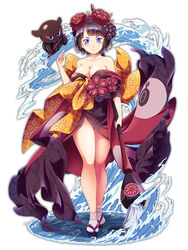  bare_shoulders black_kimono blue_eyes blush breasts calligraphy_brush cleavage closed_mouth collarbone commentary_request curvy fate/grand_order fate_(series) female giant_brush hair_ornament holding holding_paintbrush japanese_clothes katsushika_hokusai_(fate) khnchak kimono looking_at_viewer medium_breasts octopus paintbrush photoshop_(medium) purple_hair short_hair simple_background standing tabi tokitarou_(fate) water white_background 