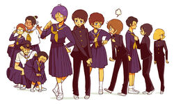  4girls 6+boys amuro_ray black_hair blonde_hair bright_noa brown_hair crossdressing flower frau_bow gundam hayato_kobayashi kai_shiden marker_(gundam) miharu_ratoki mirai_yashima mobile_suit_gundam multiple_boys multiple_girls purple_hair ryu_jose sayla_mass school_uniform sleggar_law uniform 