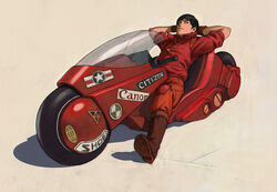  1boy akira_(manga) arms_behind_head black_hair boots canon_(company) chromatic_aberration commentary english_commentary gloves ilya_kuvshinov jacket kaneda_shoutarou&#039;s_bike kaneda_shoutarou_(akira) male_focus motor_vehicle motorcycle photoshop_(medium) shoei solo 