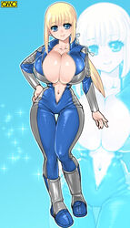  blonde_hair blue_eyes bodysuit breasts cleavage elysion_my female gradient gradient_background huge_breasts no_bra omc patricia_carrington solo zoom_layer 