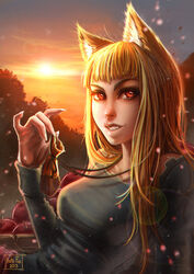  animal_ears apple breasts brown_hair female food fruit grey_background holo long_hair looking_at_viewer oerba_yun_fang pouch red_eyes sky smile solo spice_and_wolf sun telaform wolf_ears 