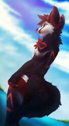  anthro avoid_posting black_body black_fur black_hair bottomwear canid canine clothed clothing fennec_fox fox fur hair hi_res male mammal red_body red_eyes red_fur shorts smaller_version_at_source solo standing tofu93 topless true_fox v-0-1-d v-0-1-d_(character) water white_body white_fur 