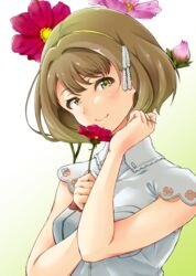  ao_(time-leap) blush breasts brown_hair commentary_request female flower green_eyes hairband holding holding_own_hair looking_at_viewer medium_breasts short_hair smile solo tokyo_7th_sisters wanibuchi_emoko 