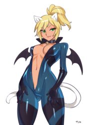  animal_ears bad_id bad_tumblr_id bat_wings bell blonde_hair bodysuit breasts bunny_and_fox_world cat_ears cat_tail center_opening choker cleavage female green_eyes looking_at_viewer medium_breasts mini_wings navel neck_bell optionaltypo original ponytail sapphicneko_(sapphicneko) simple_background smile solo standing tail wings 