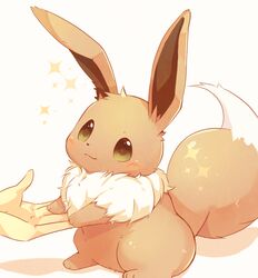  :3 blush closed_mouth commentary_request eevee green_eyes hands highres pokemon pokemon_(creature) simple_background sitting solo_focus sparkle ushiina white_background 